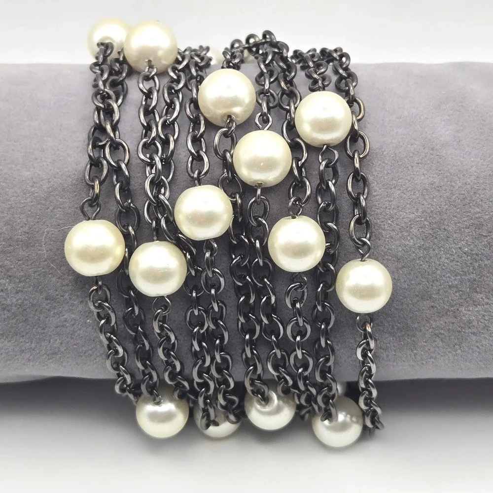 Multi Strand Dark Metal Chain Glass Faux Pearl Bracelet Fold Over Clasp‎ Closure